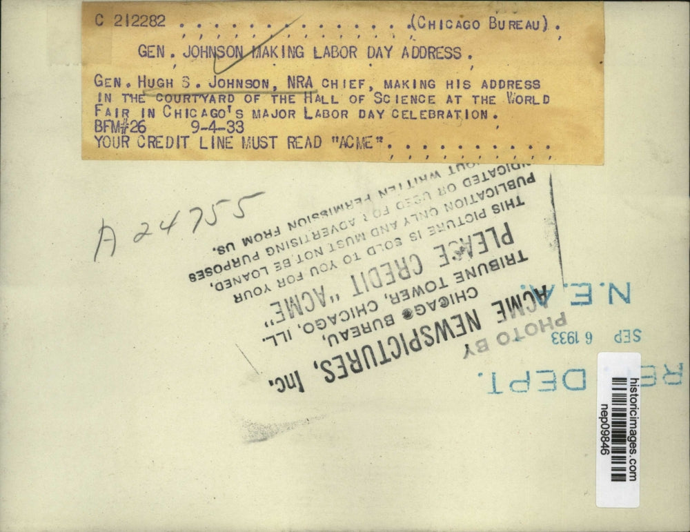 1933 Press Photo Gen Hugh S Johnson, NRA Chief, Addressing Hall of Science