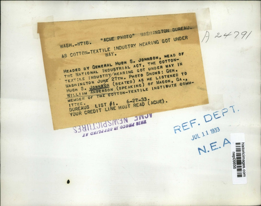 1933 Press Photo General Hugh Johnson in Cotton-Textile Industry Hearing