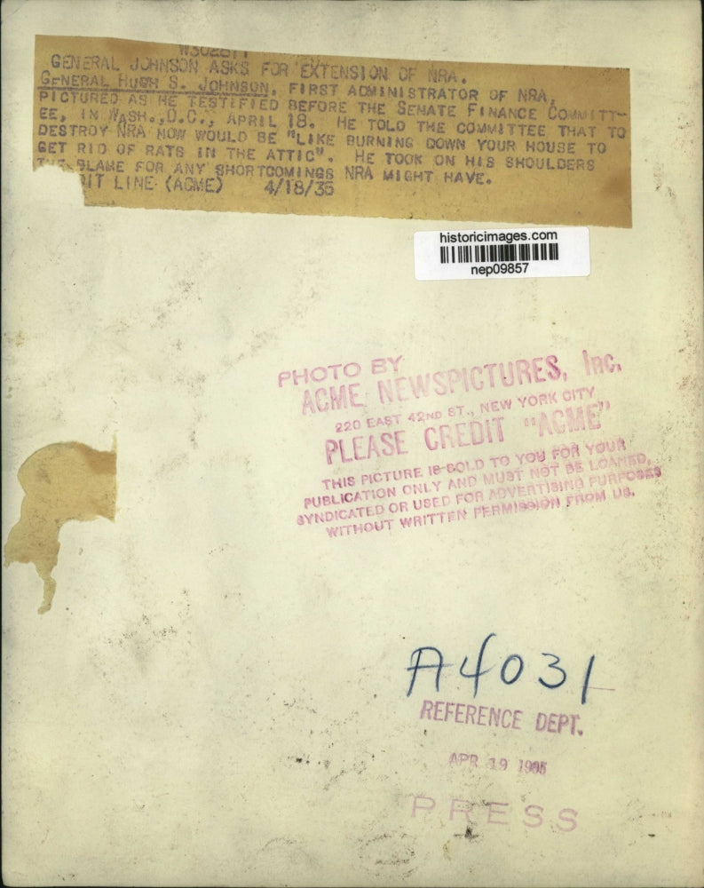 1935 Press Photo General Hugh Johnson Testifies in Senate Finance Committee