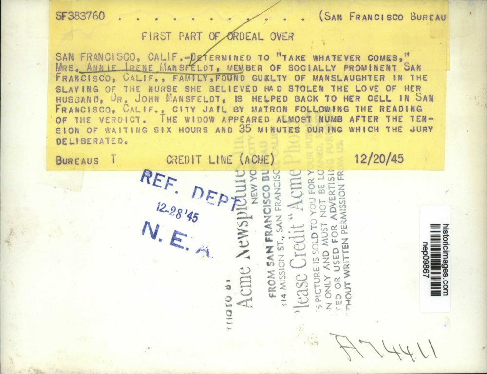 1945 Press Photo Mrs. Annie Irene Mansfeldt Found Guilty of Manslaughter