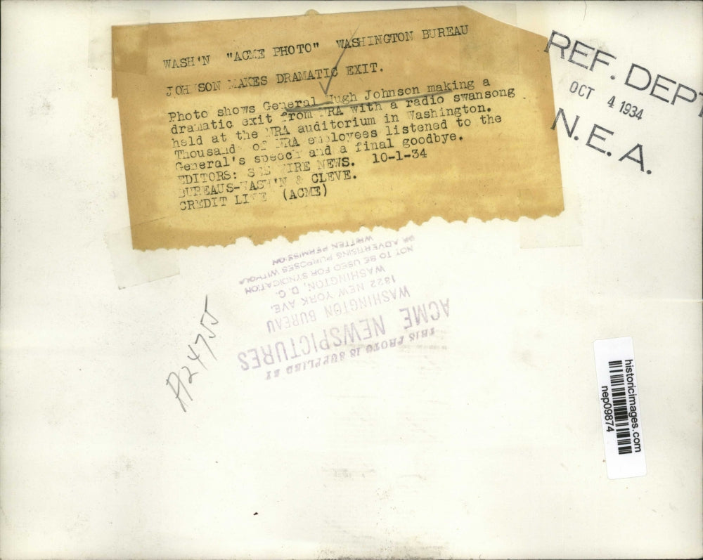 1934 Press Photo General Hugh Johnson Exits from NRA with Radio Swansong