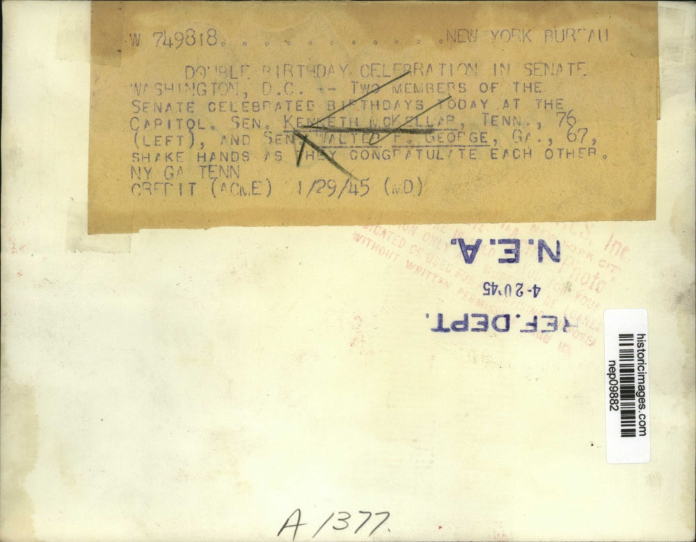 1945 Press Photo Senators Kenneth McKellar & Walter George Celebrate Birthdays