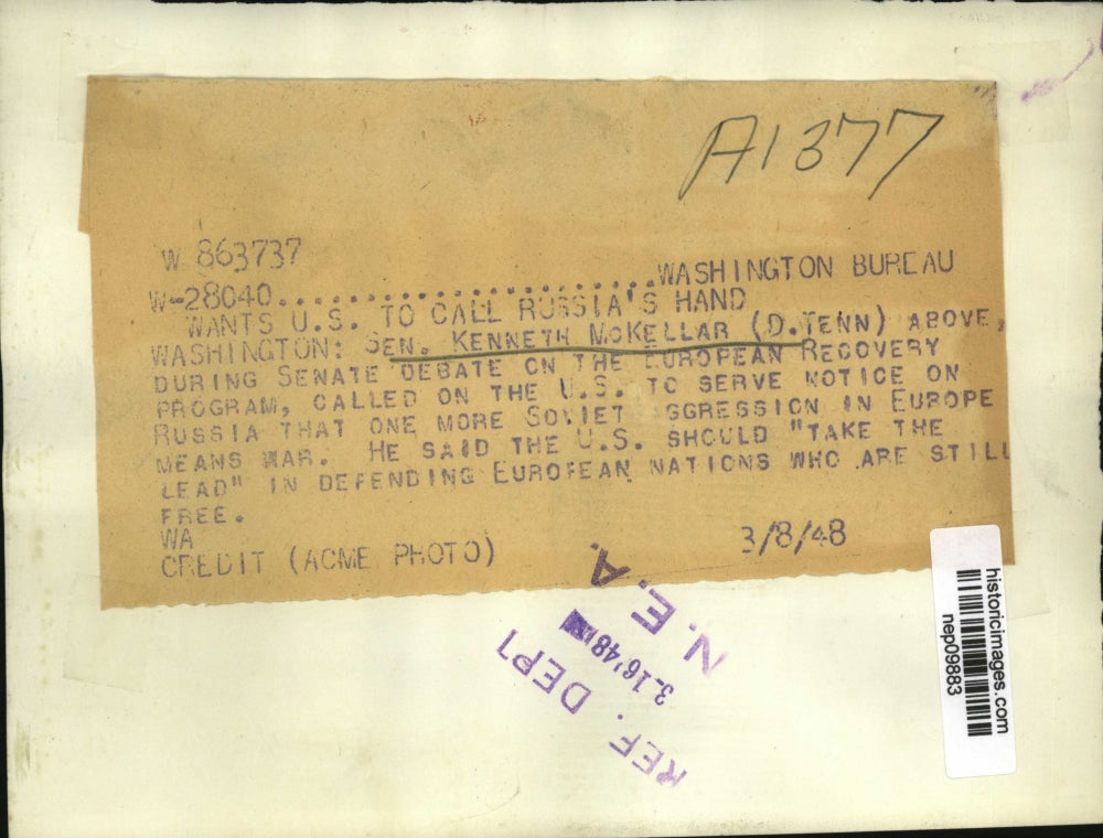 1948 Press Photo Sen Kenneth McKellar in Sen Debate on European Recovery Program