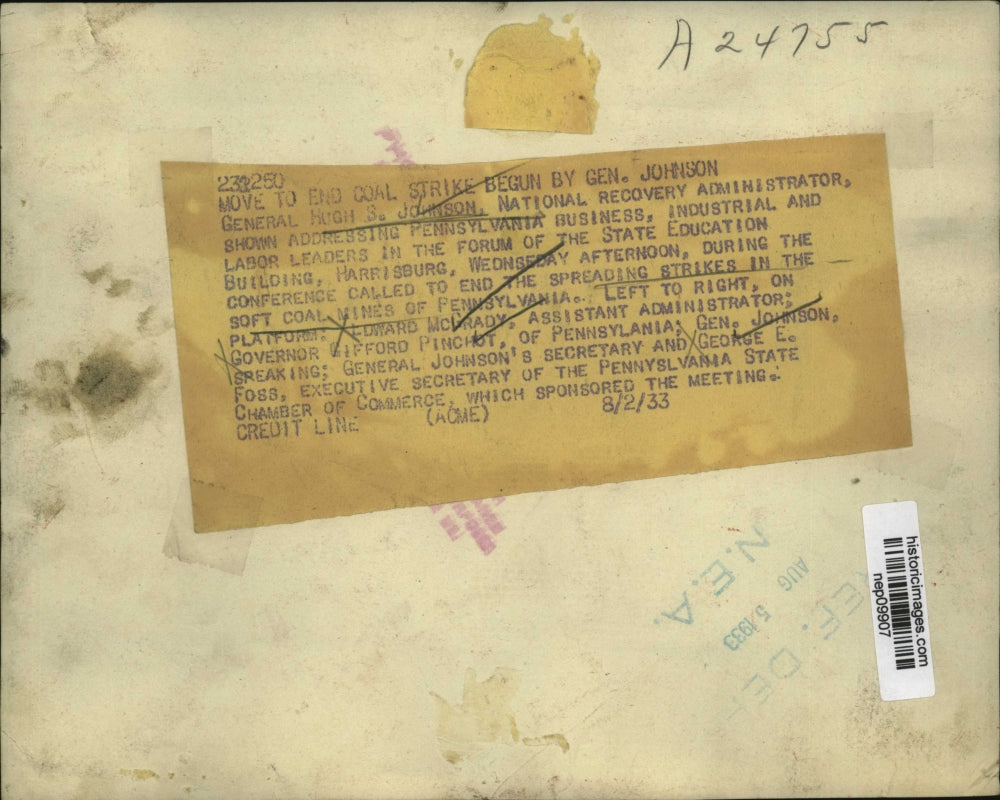 1933 Press Photo Gen. Hugh S. Johnson Moves to End Soft Coal Mine Strikes