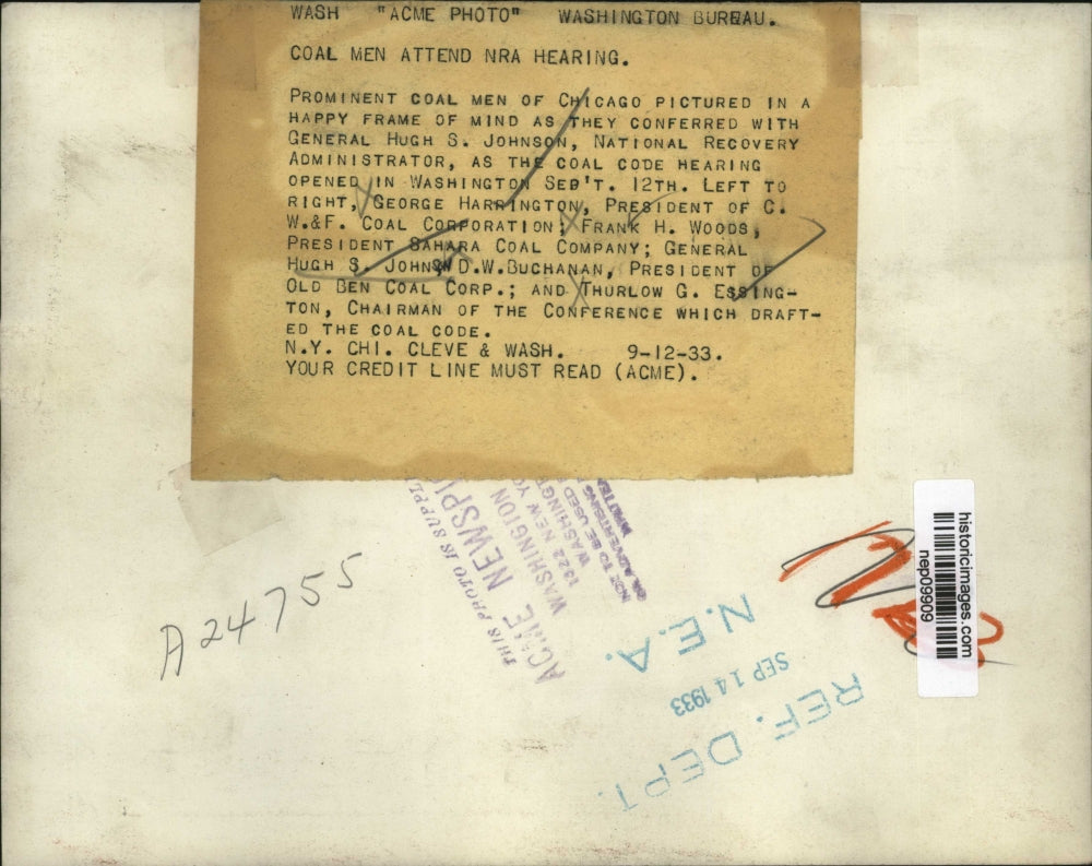 1933 Press Photo Gen Hugh Johnson & Coal Men to Attend NRA Meeting - nep09909