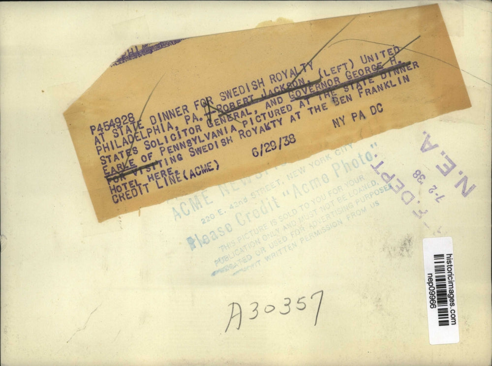 1938 Press Photo Robert Jackson & Gov George Earle at State Dinner for Royalty