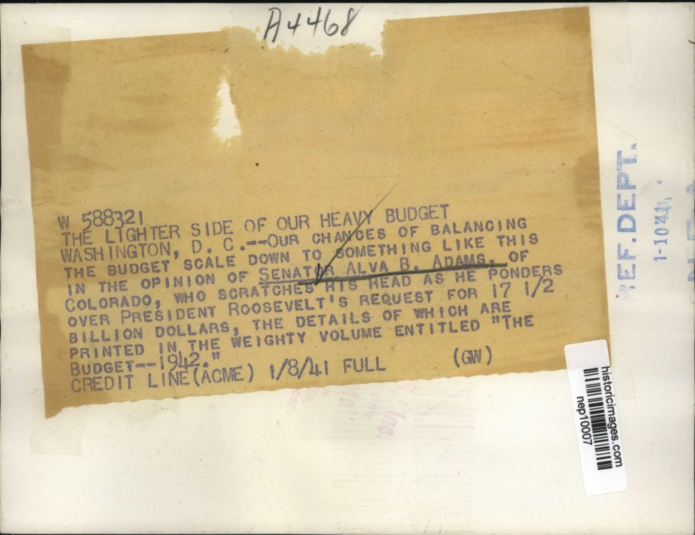 1941 Press Photo Senator Alva Adams of Colorado Reads Roosevelt Budget