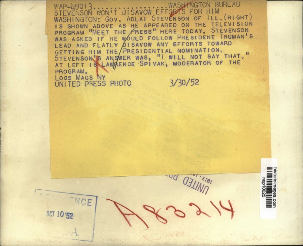 1952 Press Photo Gov Adlai Stevenson Appears on "Meet the Press" with Spivak