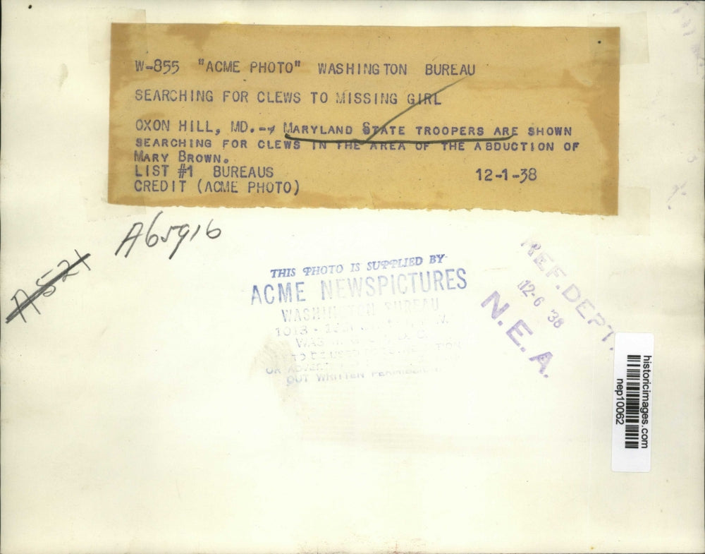 1938 Press Photo MD State Troopers Search for Clues in Abduction of Mary Brown