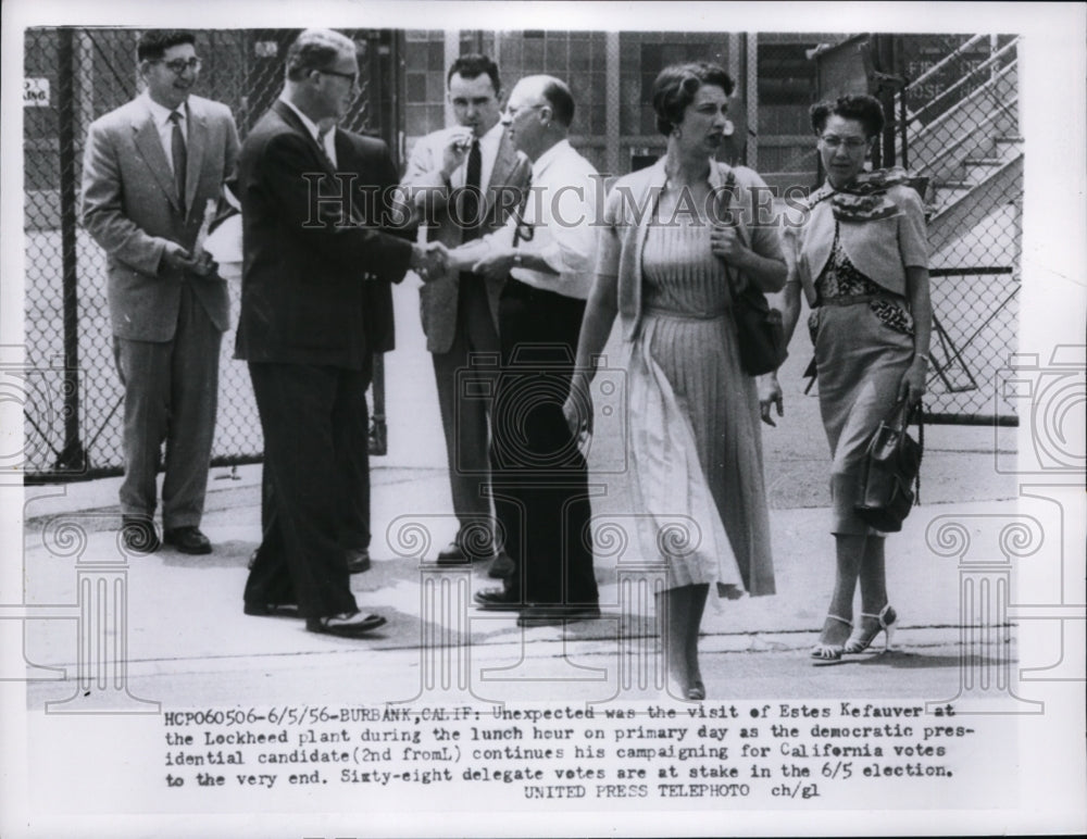 1956 Press Photo Estes Kefauver Visits Lockheed Plant on Primary Day - nep10071