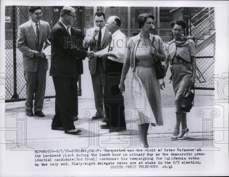 Load image into Gallery viewer, 1956 Press Photo Estes Kefauver Visits Lockheed Plant on Primary Day - nep10071
