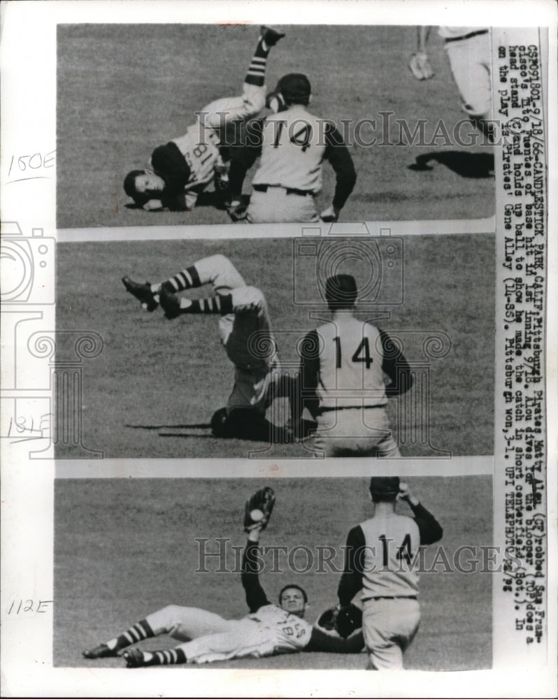 1966 Press Photo Pirates' Matty Alou robs Tito Fuentes of base hit - nes05346- Historic Images