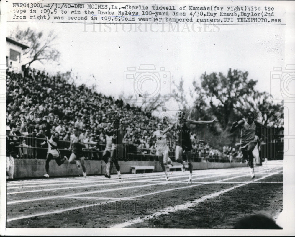 1960 Press Photo Charlie Tidwell of Kansas wins 100 Yd. Dash at Drake Relays- Historic Images