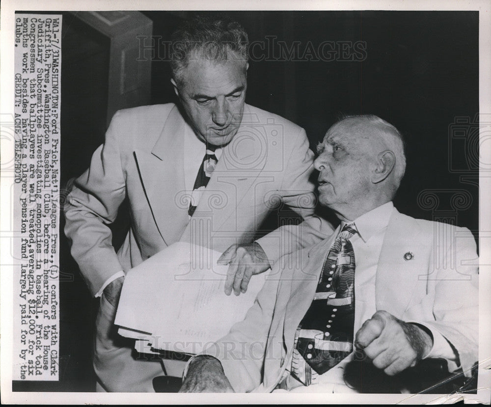 Press Photo Baseball&#39;s Ford Frick and Clark Griffith in monopoly hearing- Historic Images