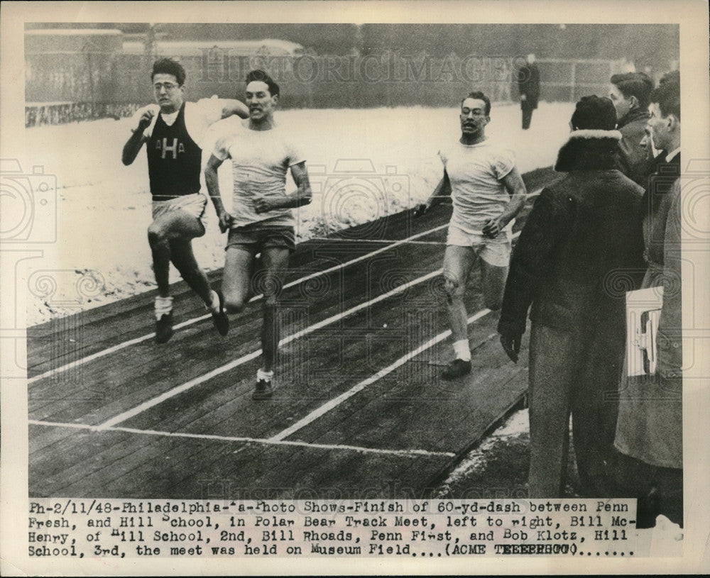 1948 Press Photo 60 yard dash Bill McHenry, Bill Rhoads, Bob Klotz - nes06094- Historic Images