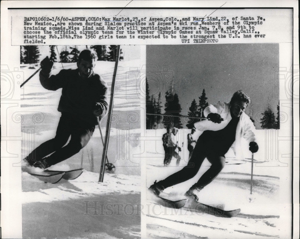 1960 Press Photo Max Marlot, Mary Lind at slalom practice in Aspen Colorado