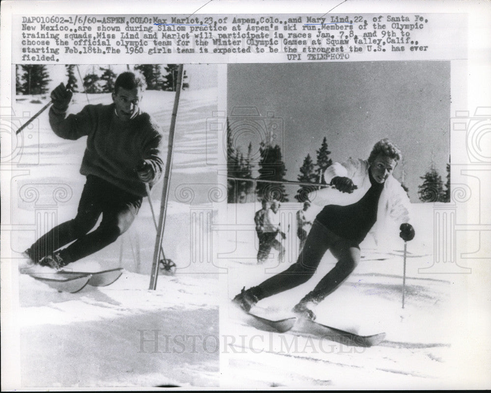 1960 Press Photo Max Marlot, Mary Lind at Slalom practice Aspen Colorado- Historic Images