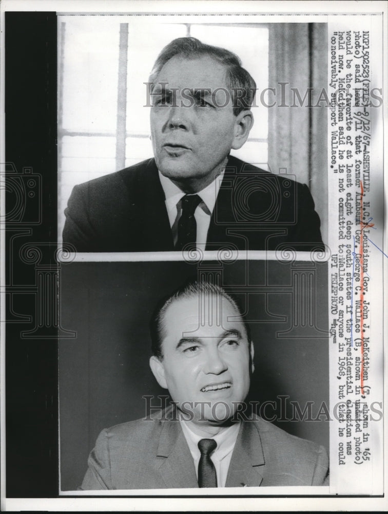 1967 Press Photo John J. McKeithen, Louisiana Governor, George C. Wallace