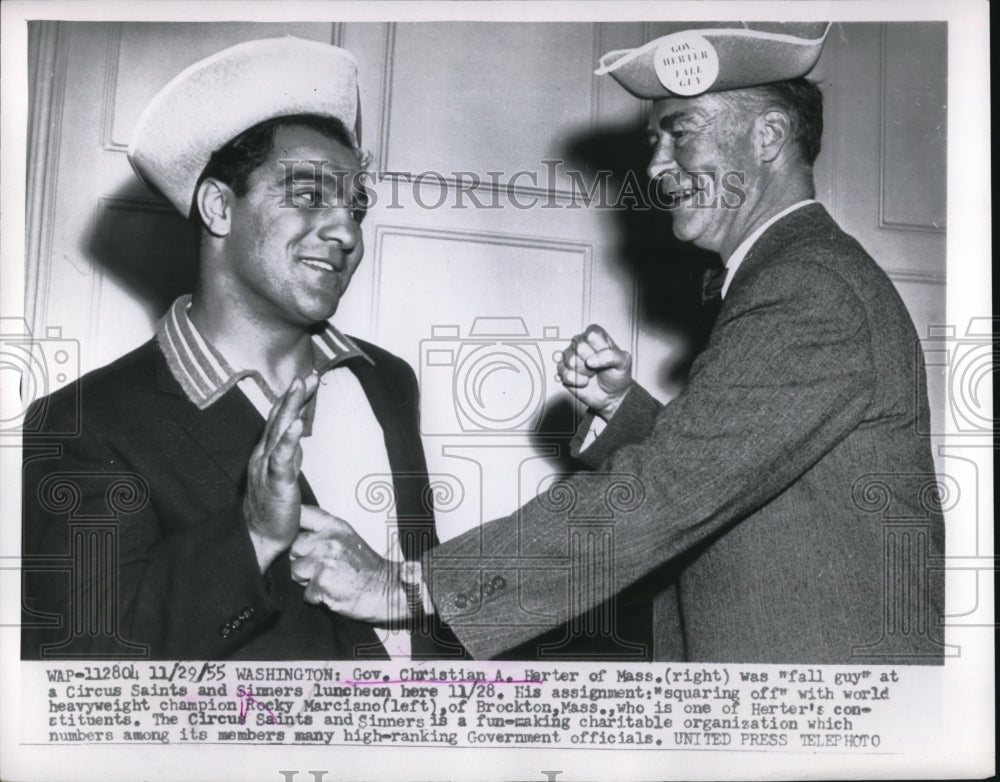 1955 Press Photo Wash DC Gov Christian Harter of Mass &amp; Rocky Marciano- Historic Images