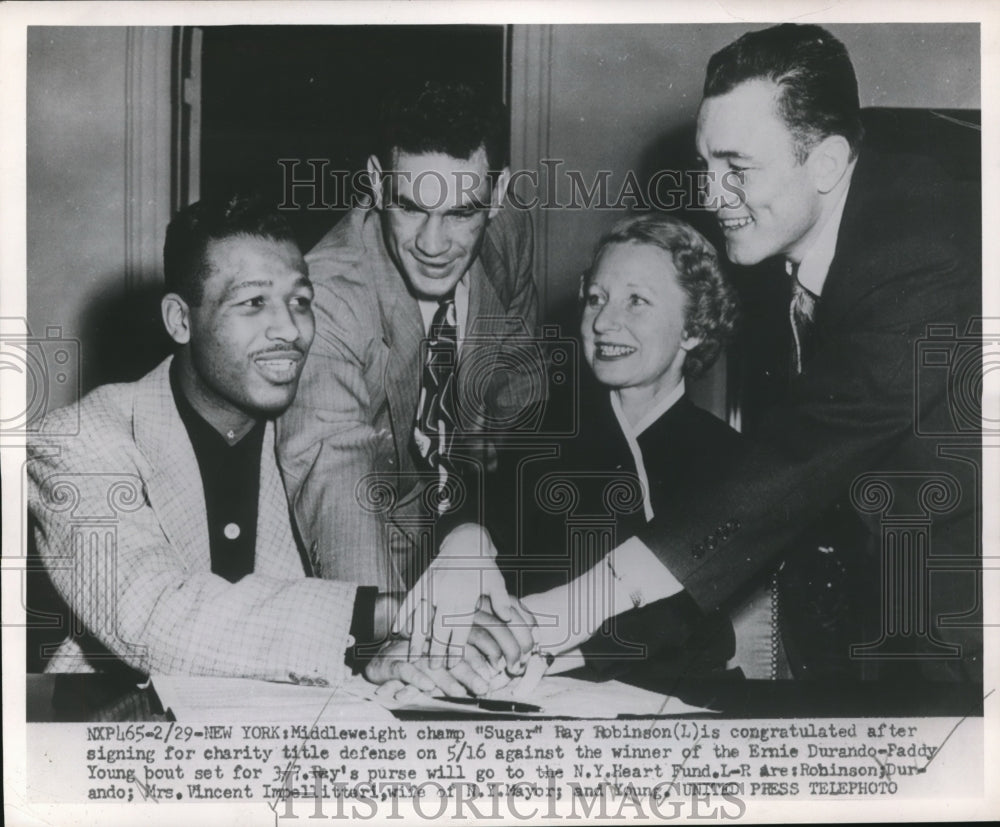 1952 Press Photo NYC Sugar Ray Robinson, Durando, Mrs V Impellituri &amp; Young- Historic Images