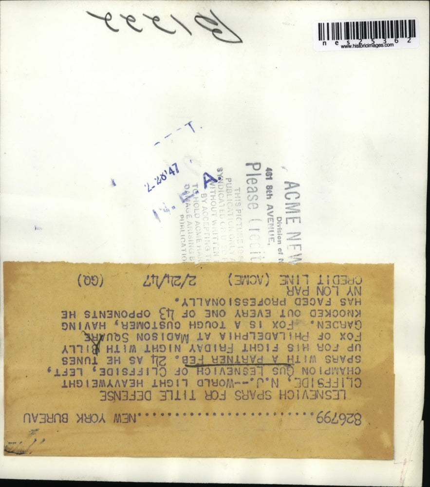 1947 Press Photo Cliffside NJ Gus Lesnevich sparring at a workout - nes25362