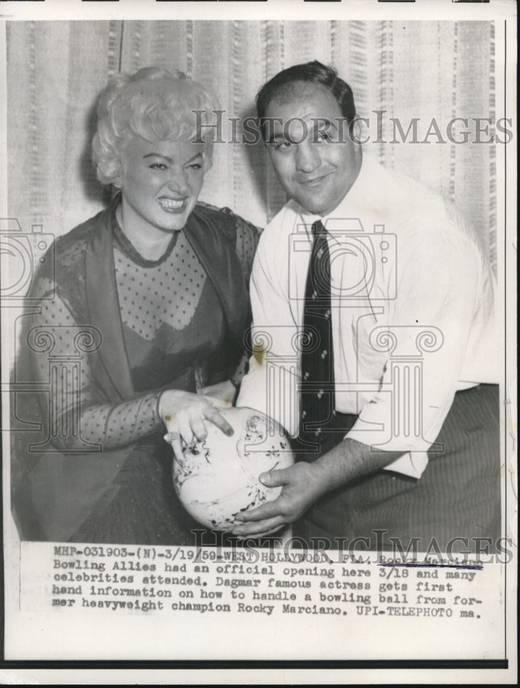 1959 Press Photo Hollywood Fla Boxer Rocky Marciano & actress Dagmar - nes25527- Historic Images