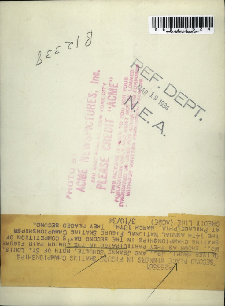 1937 Press Photo Oliver Haupt Jr & Jeanne Schulte Jr pair skaters - nes25624