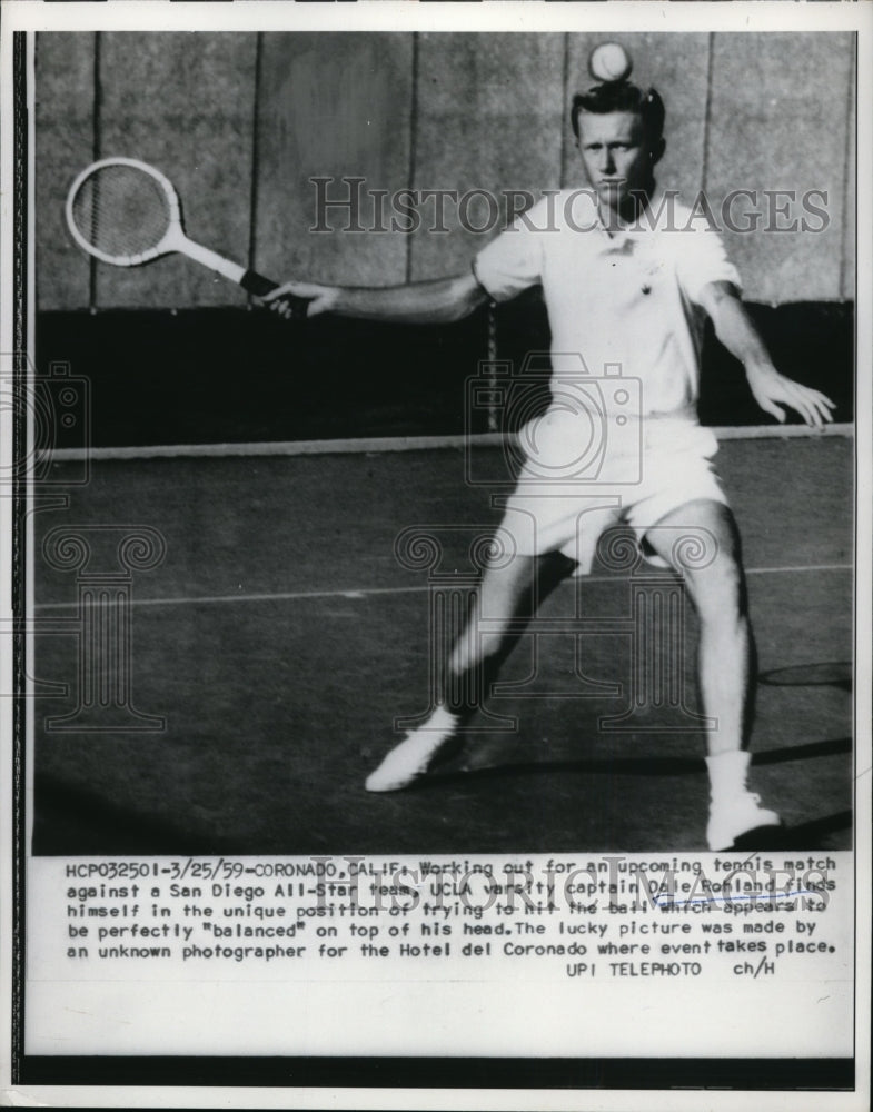 1959 Press Photo Coronado Calid UCLA tennis capt Dale Robland at practice- Historic Images