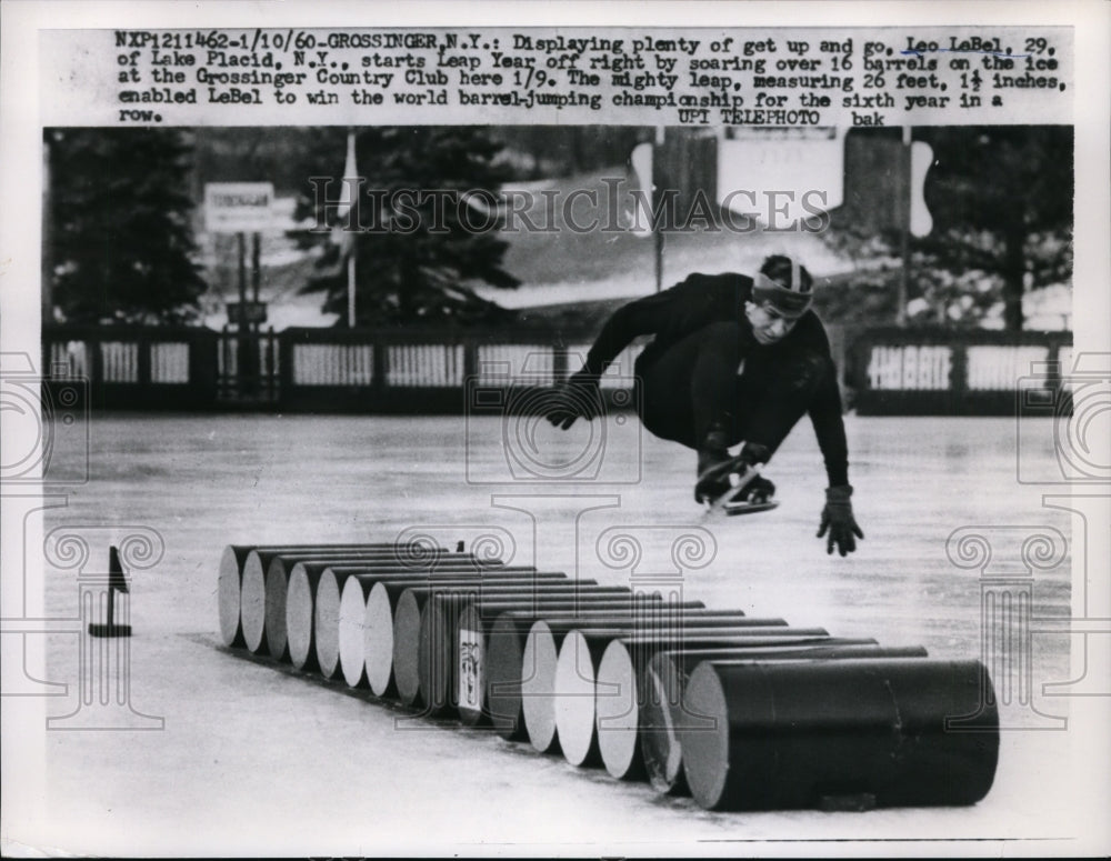 1960 Press Photo Grossinger NY Leo LeBel jumping 16 barrels on skates- Historic Images