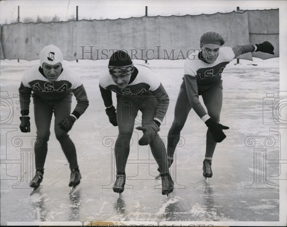 1935 Press Photo Ed Schroeder, Rbt Petersen, Delbert Lamb US Olympic skaters- Historic Images