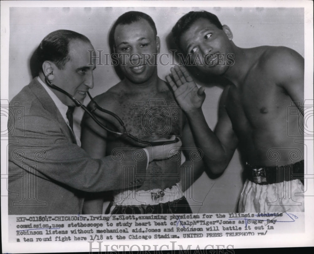 1955 Press Photo Chicago Dr IE Slott &amp; Ralph Tiger Jones, Sugar Ray Robinson- Historic Images