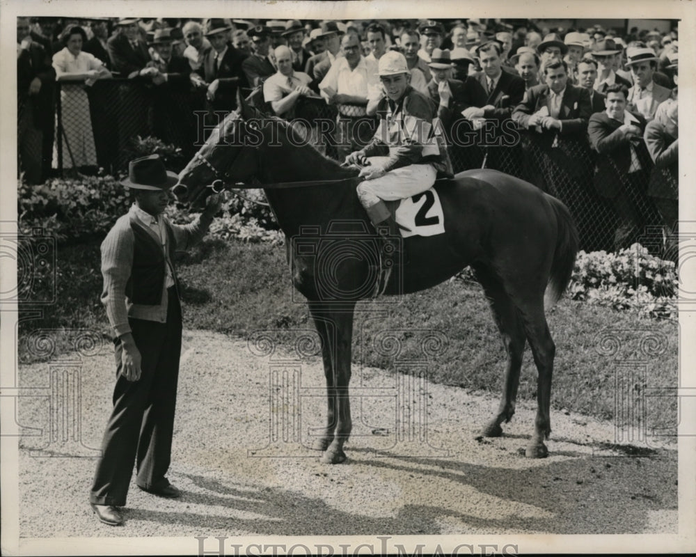 1930 Press Photo Aqueduct track NY B James on Red Eye filly - nes27952- Historic Images