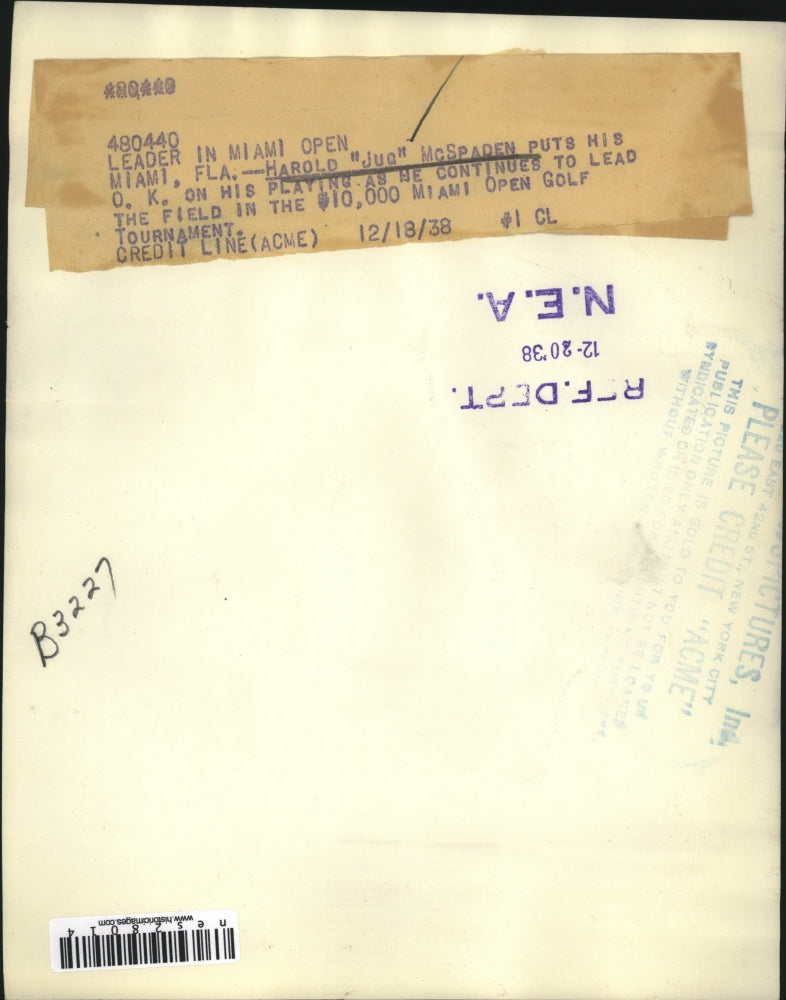 1938 Press Photo Miami Fla Harold Jug McSpaden at Miami Open golf - nes28014