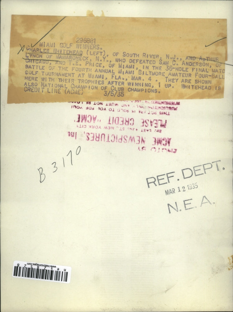 1935 Press Photo Charles Whitehead, Arthur Lynch at Miami Biltmore golf