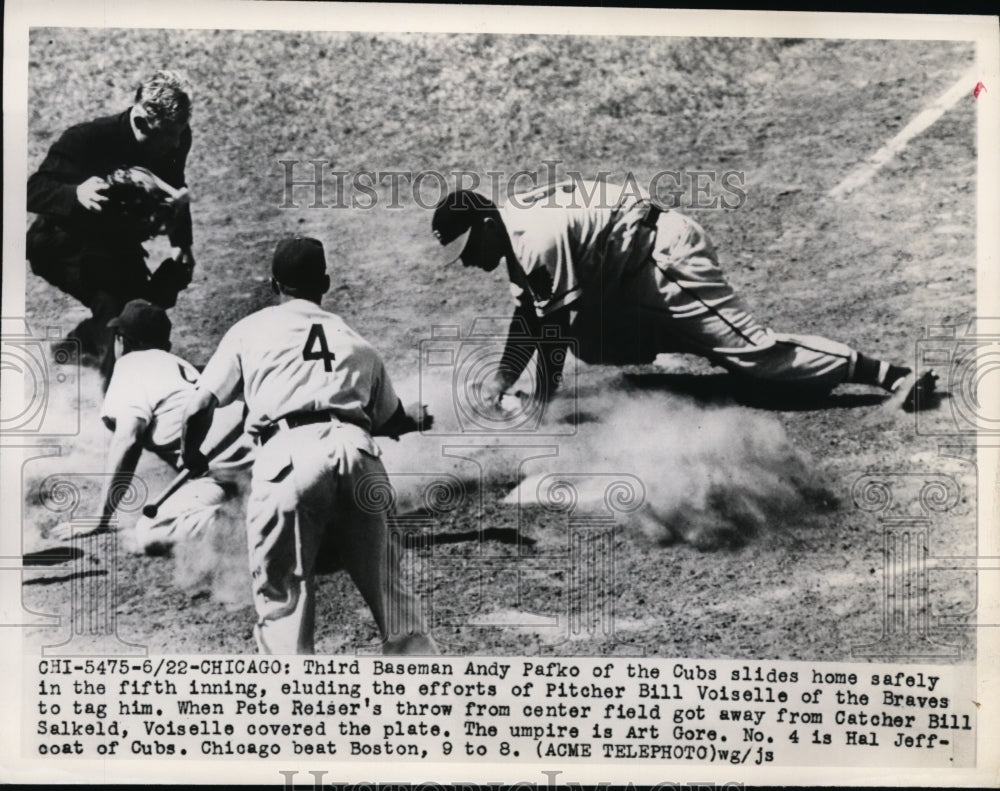 1949 Press Photo Chicago Cubs Andy Pafko slides home vs Braves Bill Voiselle- Historic Images