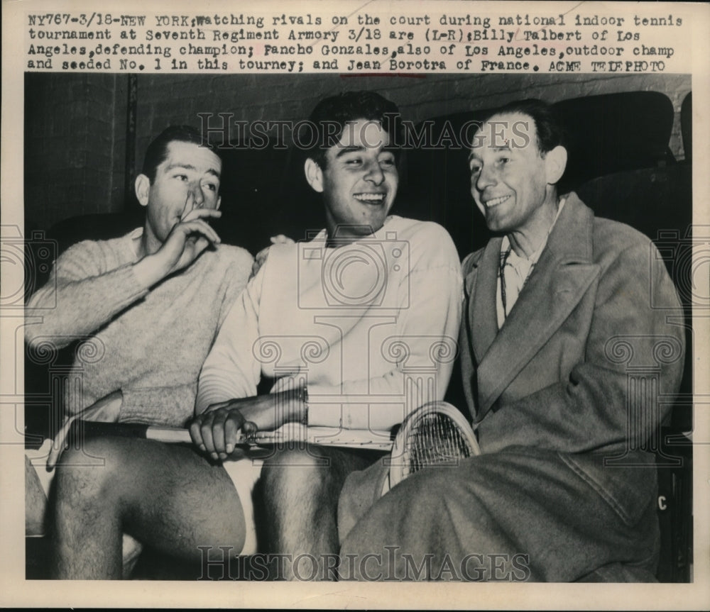 1949 Press Photo NYC Billy Talbert, Pancho Gonzales, Jean Borotra tennis- Historic Images