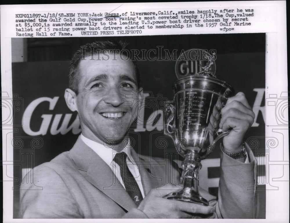 1958 Press Photo NYC Jack Regas &amp; Gulf Gold Cup trophy for boat racing- Historic Images