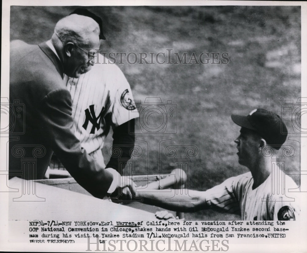 1952 Press Photo Gov Earl Warren of California shakes hands with Gil McDougald- Historic Images