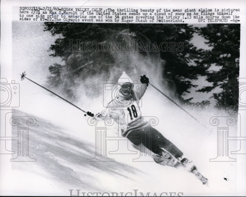 1960 Press Photo Max Marolt sends up cloud of snow as he travels slalom course- Historic Images