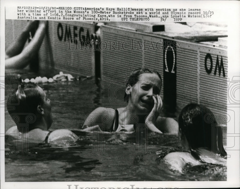 1968 Press Photo Kaye Hall weeps as she learned she won swimming event- Historic Images