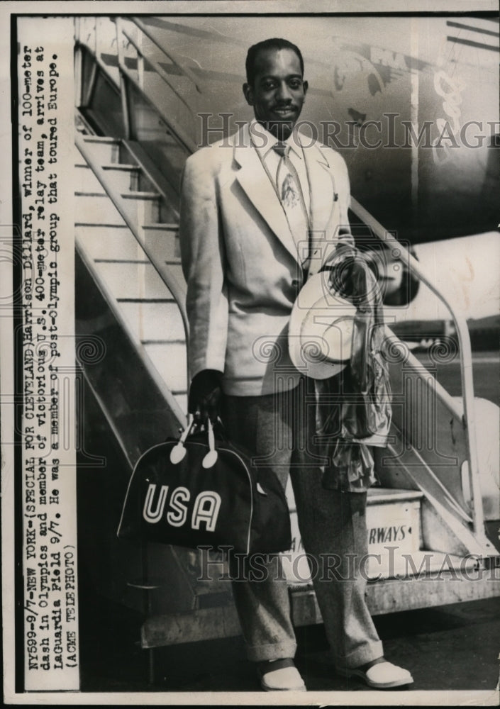 1948 Press Photo 100 meter dash Olympian Harrison Dillard arrives in New York- Historic Images