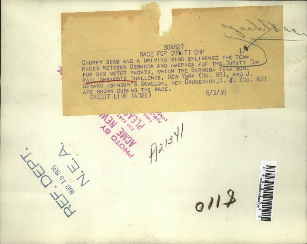 1935 Press Photo Challenge Swallow during Cubitt Cup race in Bermuda - nes31532