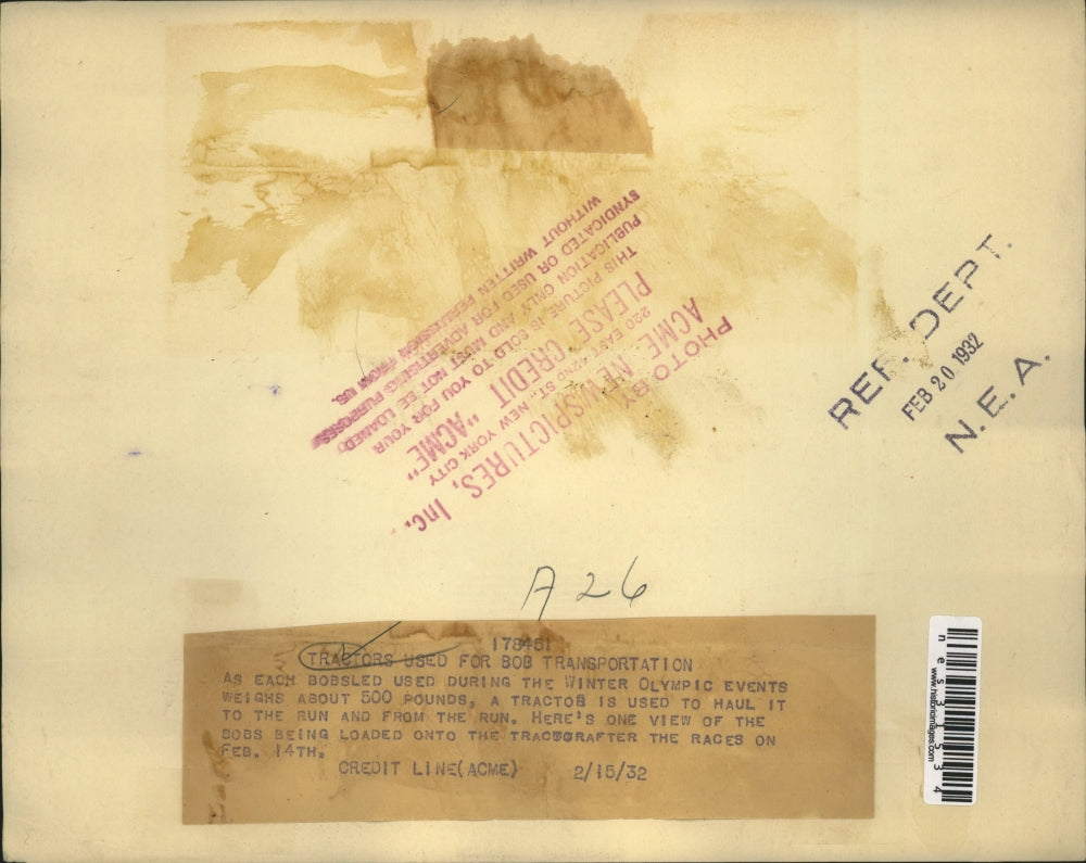 1932 Press Photo Olympic bobsled loaded on tractor to haul it to next run