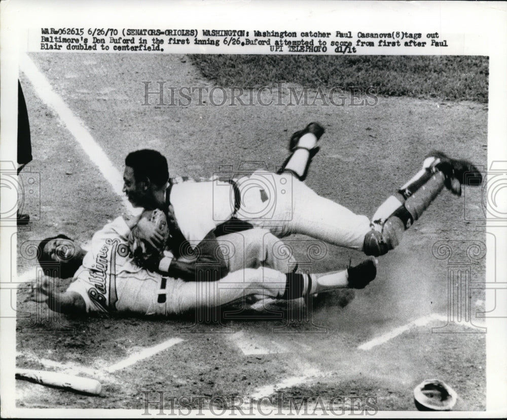 1970 Press Photo Washington catcher Paul Casanova tags Oriole Don Buford out- Historic Images