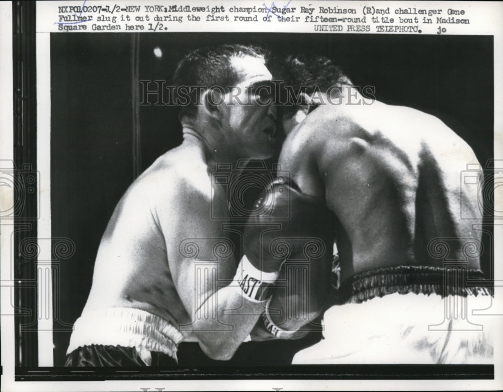 1957 Press Photo NYC Sugar Ray Robinson vs Gene Fullmer in 1st round of 15