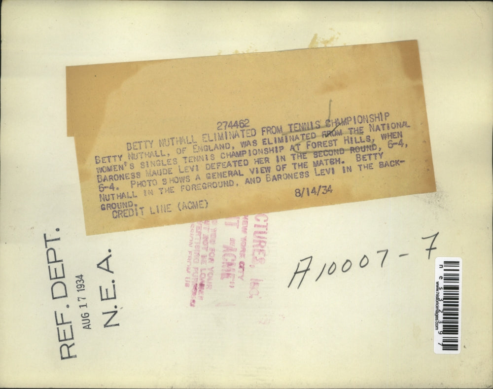 1934 Press Photo Betty Nuthall vs Baroness Maude Levi at Forest Hills tennis