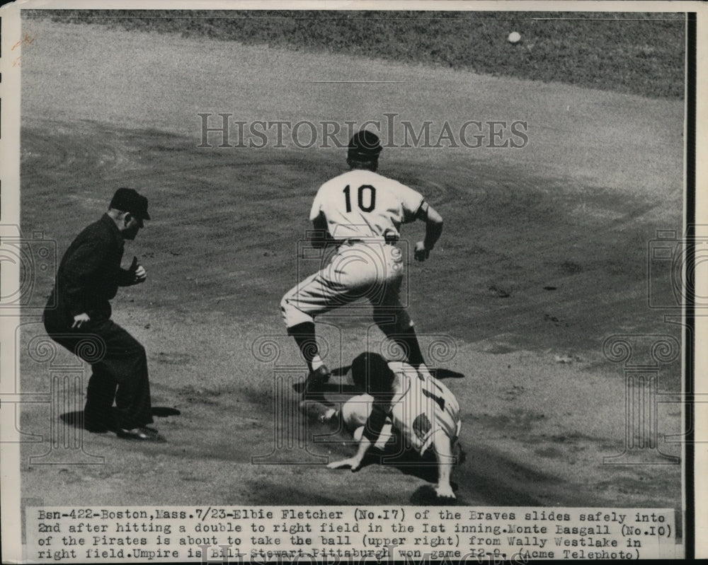 1949 Press Photo Elbie Fletcher of Braves slides safely into 2nd after double- Historic Images