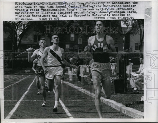 1957 Press Photo Harold Long wins mile race in track & field championships- Historic Images