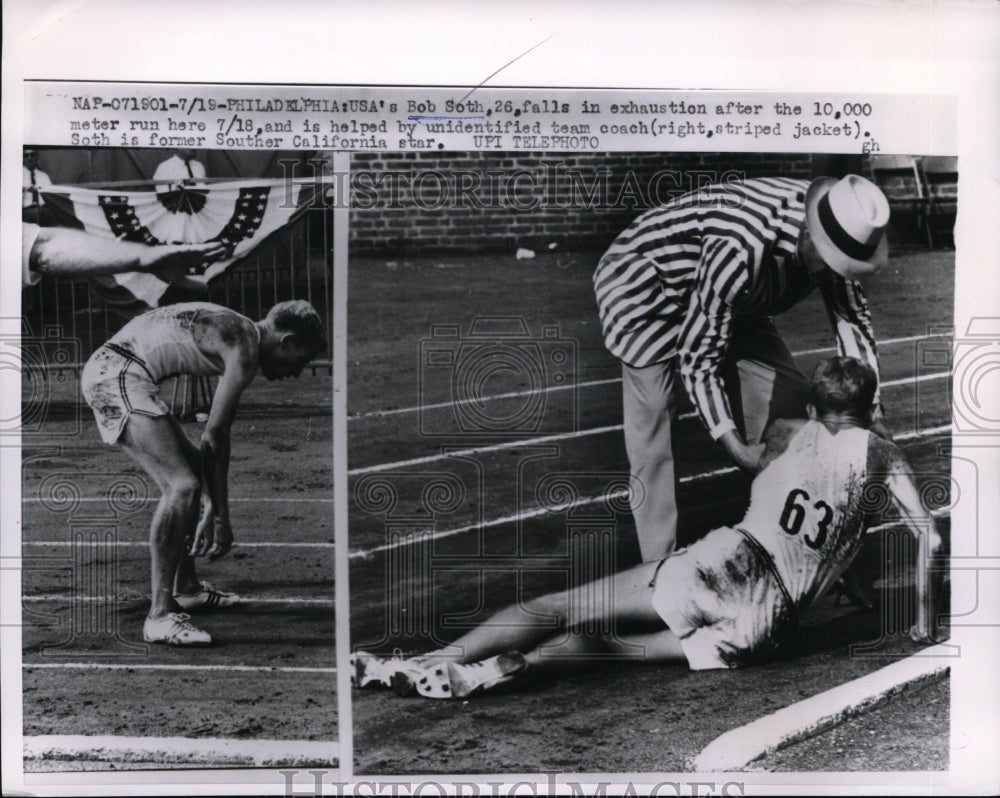 1959 Press Photo Philadelphia Bob Soth falls in 10,000 meter track race- Historic Images