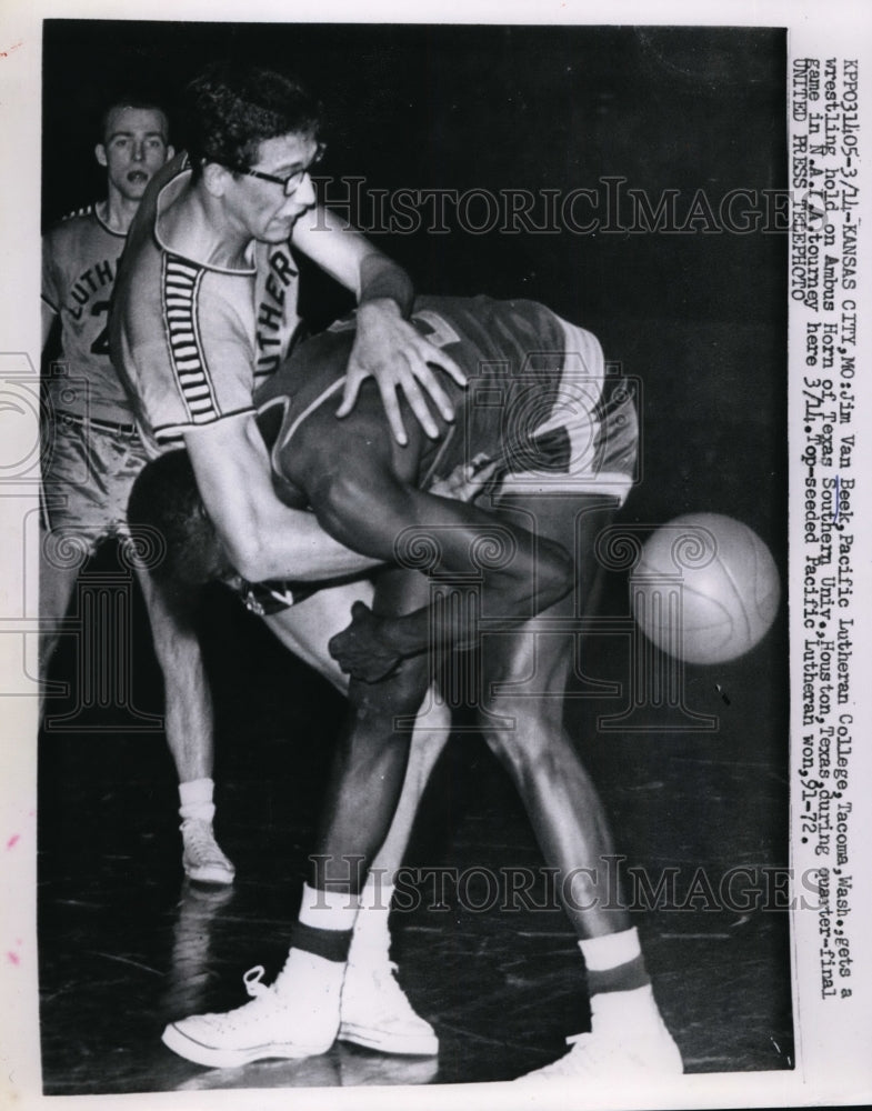 1957 Press Photo Kansas City Mo J Van Beek Luthern College vs Tex S Univ A Horn- Historic Images